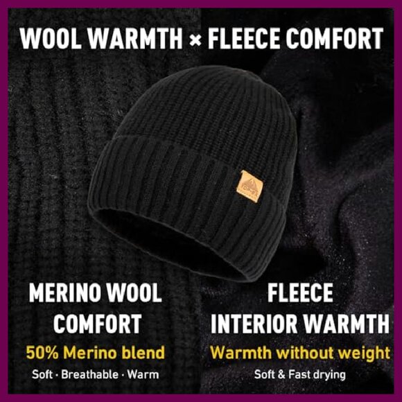 Fleece Lined Merino Wool Beanie Warm Knit Cuffed Hat Unisex Winter Stocking Cap main image 4